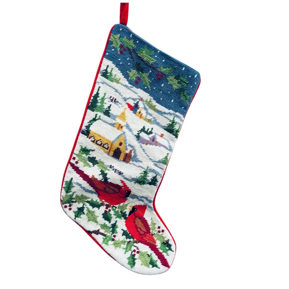 Vintage Needlepoint Christmas Stocking Cardinals Winter Village Scene Red Velvet